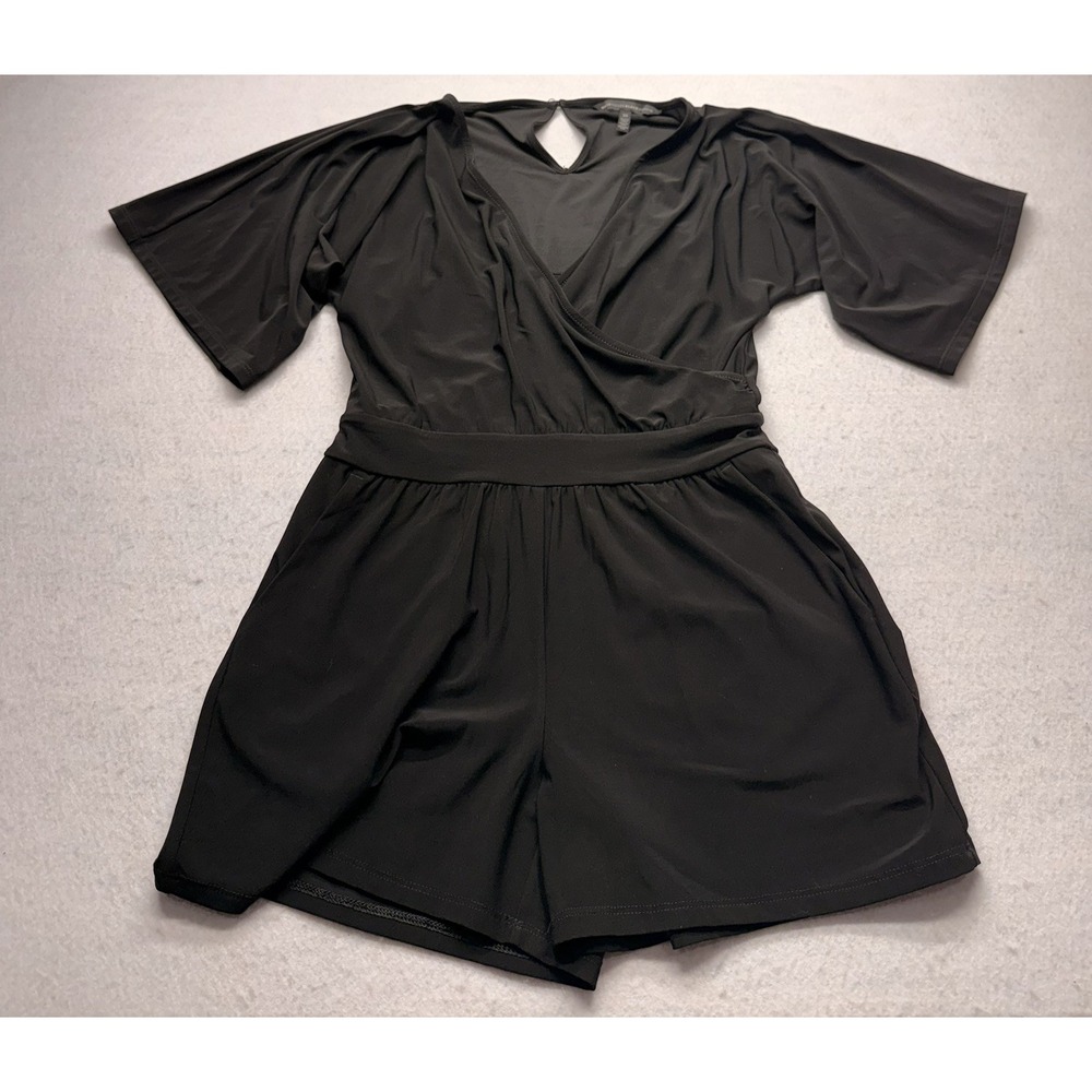 White House Black Market Faux Wrap Shorts Romper Black Flutter Sleeve Size XS